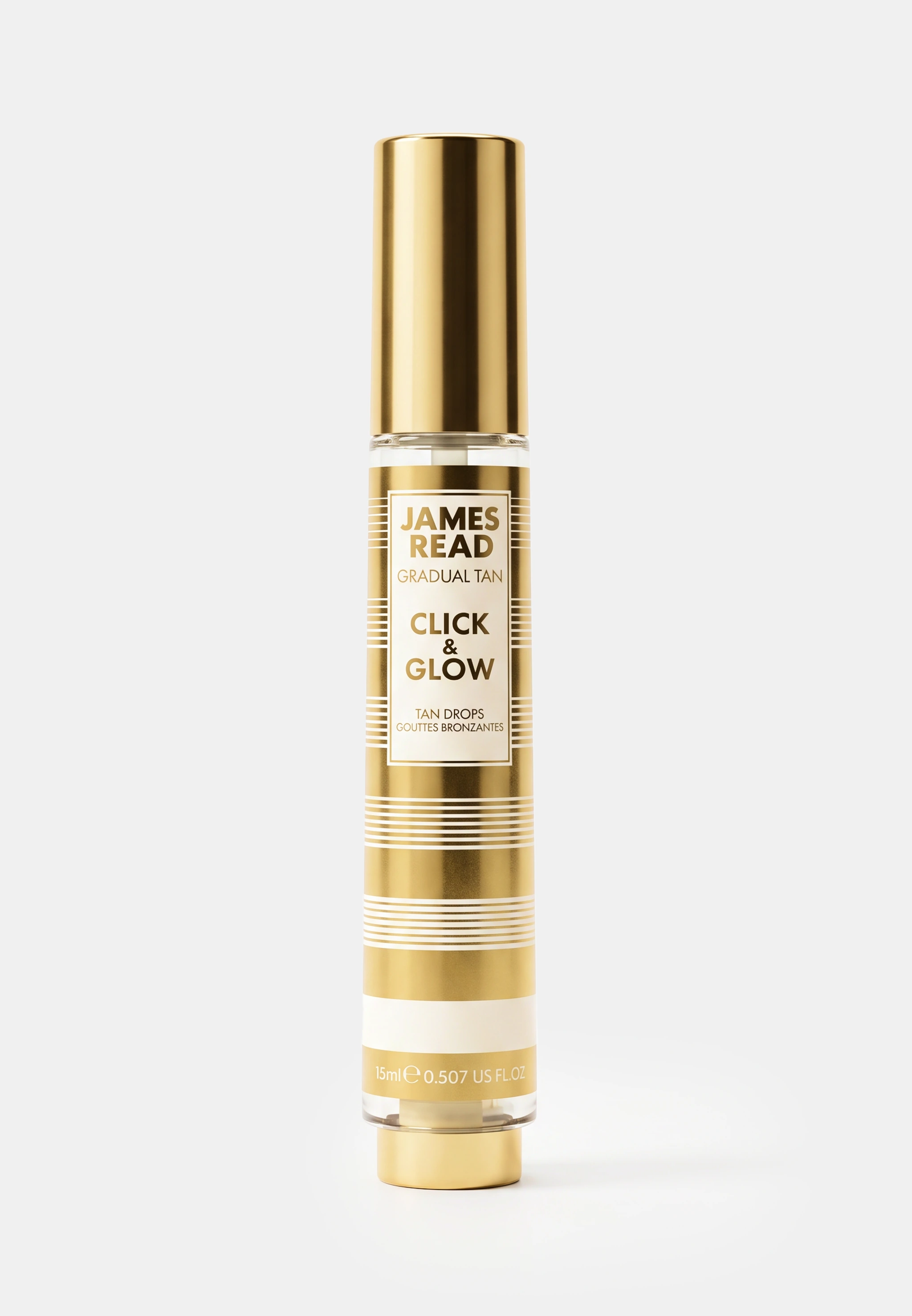 James Read Click and Glow — золотой флакон на светлом фоне
